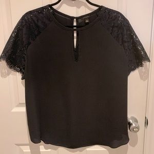 Ann Taylor Navy Short Sleeve Blouse with Floral Eyelash Lace Sleeves, XL